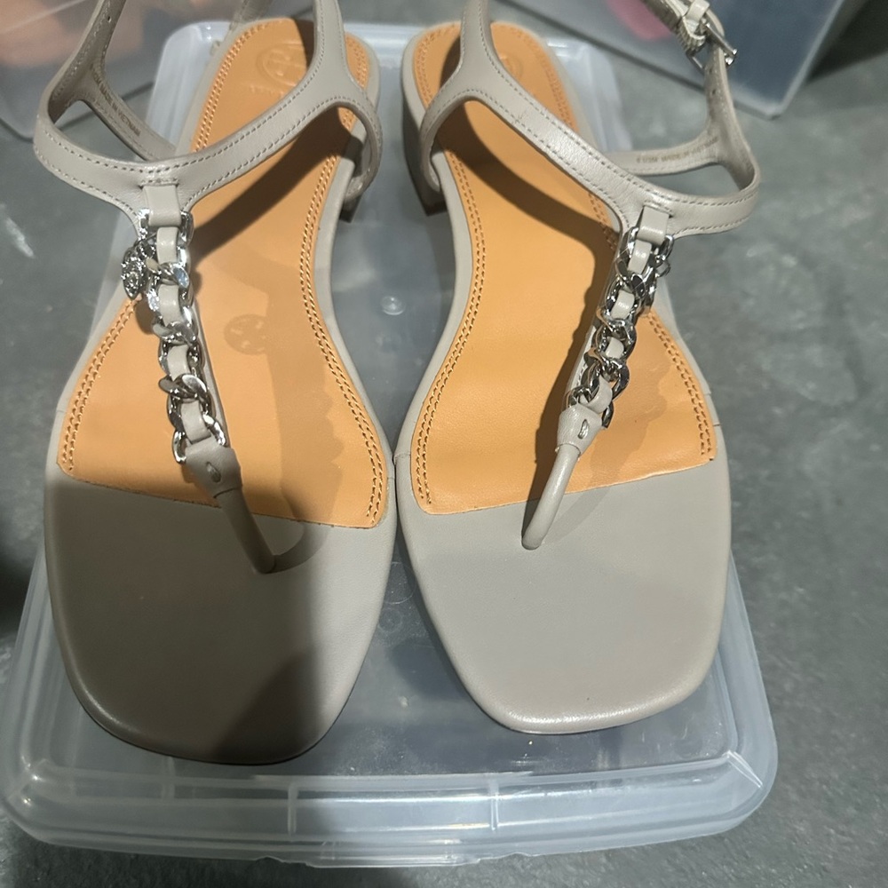Tory Burch Taupe Chain-Trim T-Strap Sandals